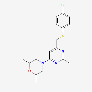 molecular formula C18H22ClN3OS B2773312 4-(6-{[(4-Chlorophenyl)sulfanyl]methyl}-2-methyl-4-pyrimidinyl)-2,6-dimethylmorpholine CAS No. 338960-30-8