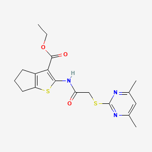 molecular formula C18H21N3O3S2 B2773347 ETHYL 2-{2-[(4,6-DIMETHYLPYRIMIDIN-2-YL)SULFANYL]ACETAMIDO}-4H,5H,6H-CYCLOPENTA[B]THIOPHENE-3-CARBOXYLATE CAS No. 330555-57-2