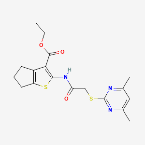 molecular formula C18H21N3O3S2 B2773347 ethyl 2-({[(4,6-dimethylpyrimidin-2-yl)sulfanyl]acetyl}amino)-5,6-dihydro-4H-cyclopenta[b]thiophene-3-carboxylate CAS No. 330555-57-2