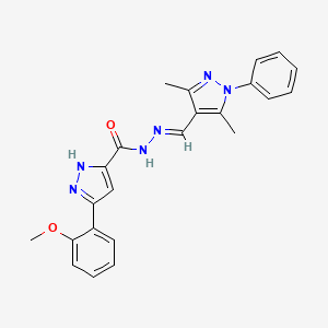 molecular formula C23H22N6O2 B2773365 (E)-N'-((3,5-dimethyl-1-phenyl-1H-pyrazol-4-yl)methylene)-3-(2-methoxyphenyl)-1H-pyrazole-5-carbohydrazide CAS No. 1273553-81-3