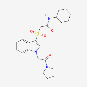 molecular formula C22H29N3O4S B2773422 N-cyclohexyl-2-((1-(2-oxo-2-(pyrrolidin-1-yl)ethyl)-1H-indol-3-yl)sulfonyl)acetamide CAS No. 878057-14-8