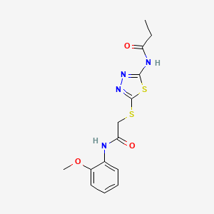 molecular formula C14H16N4O3S2 B2773683 N-(5-((2-((2-methoxyphenyl)amino)-2-oxoethyl)thio)-1,3,4-thiadiazol-2-yl)propionamide CAS No. 604748-36-9