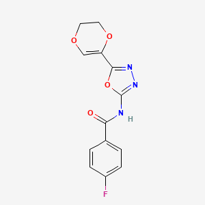 molecular formula C13H10FN3O4 B2773686 N-(5-(5,6-dihydro-1,4-dioxin-2-yl)-1,3,4-oxadiazol-2-yl)-4-fluorobenzamide CAS No. 887874-70-6