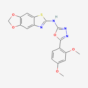 molecular formula C18H14N4O5S B2773870 N-[5-(2,4-dimethoxyphenyl)-1,3,4-oxadiazol-2-yl]-4,6-dioxa-10-thia-12-azatricyclo[7.3.0.0^{3,7}]dodeca-1(9),2,7,11-tetraen-11-amine CAS No. 862976-90-7