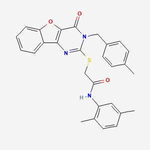 molecular formula C28H25N3O3S B2773878 N-(2,5-dimethylphenyl)-2-({5-[(4-methylphenyl)methyl]-6-oxo-8-oxa-3,5-diazatricyclo[7.4.0.0^{2,7}]trideca-1(9),2(7),3,10,12-pentaen-4-yl}sulfanyl)acetamide CAS No. 866894-77-1