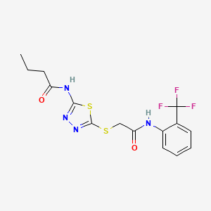 molecular formula C15H15F3N4O2S2 B2773985 N-(5-((2-oxo-2-((2-(trifluoromethyl)phenyl)amino)ethyl)thio)-1,3,4-thiadiazol-2-yl)butyramide CAS No. 392296-83-2