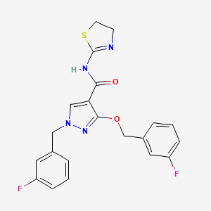molecular formula C21H18F2N4O2S B2774200 N-(4,5-dihydro-1,3-thiazol-2-yl)-3-[(3-fluorophenyl)methoxy]-1-[(3-fluorophenyl)methyl]-1H-pyrazole-4-carboxamide CAS No. 1014087-63-8