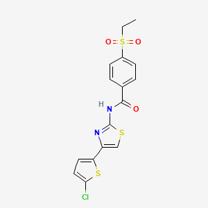 molecular formula C16H13ClN2O3S3 B2774206 N-[4-(5-chlorothiophen-2-yl)-1,3-thiazol-2-yl]-4-(ethanesulfonyl)benzamide CAS No. 896365-70-1