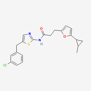 molecular formula C21H21ClN2O2S B2774259 N-(5-(3-chlorobenzyl)thiazol-2-yl)-3-(5-(2-methylcyclopropyl)furan-2-yl)propanamide CAS No. 446826-74-0