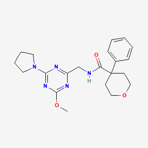 molecular formula C21H27N5O3 B2774281 N-{[4-methoxy-6-(pyrrolidin-1-yl)-1,3,5-triazin-2-yl]methyl}-4-phenyloxane-4-carboxamide CAS No. 2034277-78-4