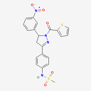 molecular formula C21H18N4O5S2 B2774482 N-{4-[5-(3-nitrophenyl)-1-(thiophene-2-carbonyl)-4,5-dihydro-1H-pyrazol-3-yl]phenyl}methanesulfonamide CAS No. 851717-90-3