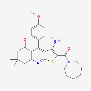molecular formula C27H31N3O3S B2774537 3-amino-2-(azepane-1-carbonyl)-4-(4-methoxyphenyl)-7,7-dimethyl-5H,6H,7H,8H-thieno[2,3-b]quinolin-5-one CAS No. 850782-23-9
