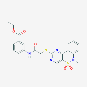 molecular formula C22H20N4O5S2 B2774552 ethyl 3-[2-({9-methyl-8,8-dioxo-8lambda6-thia-3,5,9-triazatricyclo[8.4.0.0^{2,7}]tetradeca-1(14),2(7),3,5,10,12-hexaen-4-yl}sulfanyl)acetamido]benzoate CAS No. 895103-77-2