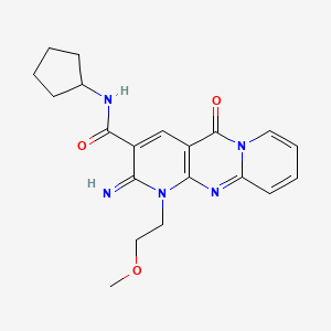 molecular formula C20H23N5O3 B2774772 N-cyclopentyl-6-imino-7-(2-methoxyethyl)-2-oxo-1,7,9-triazatricyclo[8.4.0.03,8]tetradeca-3(8),4,9,11,13-pentaene-5-carboxamide CAS No. 510762-54-6