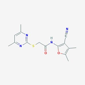 molecular formula C15H16N4O2S B277490 N-(3-cyano-4,5-dimethyl-2-furyl)-2-[(4,6-dimethyl-2-pyrimidinyl)sulfanyl]acetamide 
