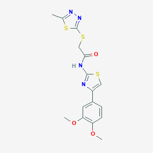molecular formula C16H16N4O3S3 B277493 N-[4-(3,4-dimethoxyphenyl)-1,3-thiazol-2-yl]-2-[(5-methyl-1,3,4-thiadiazol-2-yl)sulfanyl]acetamide 