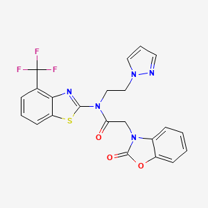 molecular formula C22H16F3N5O3S B2775166 2-(2-oxo-2,3-dihydro-1,3-benzoxazol-3-yl)-N-[2-(1H-pyrazol-1-yl)ethyl]-N-[4-(trifluoromethyl)-1,3-benzothiazol-2-yl]acetamide CAS No. 1396768-80-1