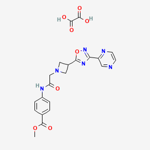molecular formula C21H20N6O8 B2775258 Methyl 4-(2-(3-(3-(pyrazin-2-yl)-1,2,4-oxadiazol-5-yl)azetidin-1-yl)acetamido)benzoate oxalate CAS No. 1351631-17-8
