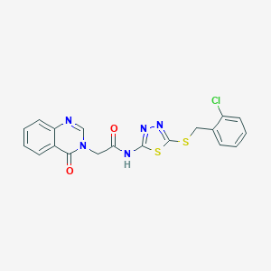 molecular formula C19H14ClN5O2S2 B277527 N-{5-[(2-chlorobenzyl)sulfanyl]-1,3,4-thiadiazol-2-yl}-2-(4-oxoquinazolin-3(4H)-yl)acetamide 