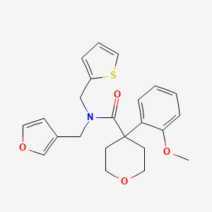 molecular formula C23H25NO4S B2775458 N-[(furan-3-yl)methyl]-4-(2-methoxyphenyl)-N-[(thiophen-2-yl)methyl]oxane-4-carboxamide CAS No. 1428364-91-3
