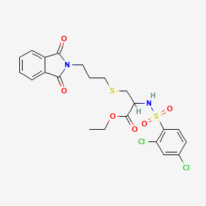molecular formula C22H22Cl2N2O6S2 B2775570 Ethyl 2-[(2,4-dichlorophenyl)sulfonylamino]-3-[3-(1,3-dioxoisoindol-2-yl)propylsulfanyl]propanoate CAS No. 1396966-97-4