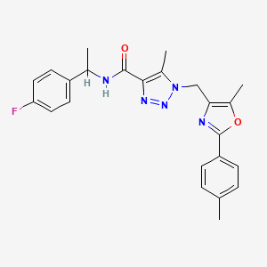 molecular formula C24H24FN5O2 B2775636 N-(1-(4-fluorophenyl)ethyl)-5-methyl-1-((5-methyl-2-(p-tolyl)oxazol-4-yl)methyl)-1H-1,2,3-triazole-4-carboxamide CAS No. 1226435-49-9