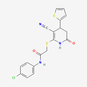 molecular formula C18H14ClN3O2S2 B2775678 N-(4-chlorophenyl)-2-{[3-cyano-6-oxo-4-(thiophen-2-yl)-1,4,5,6-tetrahydropyridin-2-yl]sulfanyl}acetamide CAS No. 375353-86-9