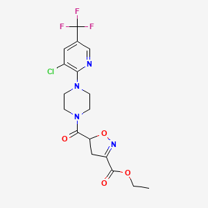 molecular formula C17H18ClF3N4O4 B2775754 Ethyl 5-({4-[3-chloro-5-(trifluoromethyl)-2-pyridinyl]piperazino}carbonyl)-4,5-dihydro-3-isoxazolecarboxylate CAS No. 477864-85-0