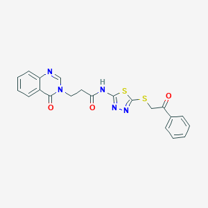 molecular formula C21H17N5O3S2 B277586 N-{5-[(2-oxo-2-phenylethyl)sulfanyl]-1,3,4-thiadiazol-2-yl}-3-(4-oxoquinazolin-3(4H)-yl)propanamide 