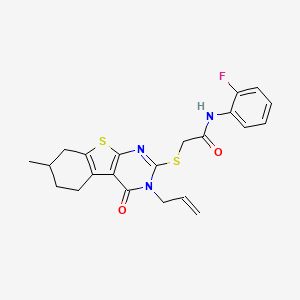 molecular formula C22H22FN3O2S2 B2776244 N-(2-fluorophenyl)-2-{[11-methyl-3-oxo-4-(prop-2-en-1-yl)-8-thia-4,6-diazatricyclo[7.4.0.0^{2,7}]trideca-1(9),2(7),5-trien-5-yl]sulfanyl}acetamide CAS No. 670273-39-9