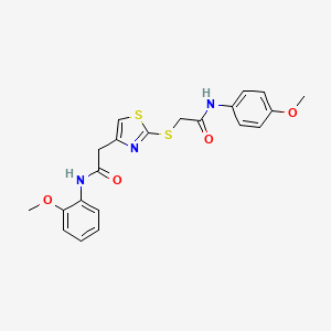 molecular formula C21H21N3O4S2 B2776379 N-(4-methoxyphenyl)-2-((4-(2-((2-methoxyphenyl)amino)-2-oxoethyl)thiazol-2-yl)thio)acetamide CAS No. 942000-56-8