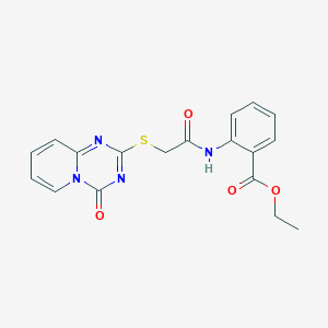 molecular formula C18H16N4O4S B2776405 ethyl 2-(2-((4-oxo-4H-pyrido[1,2-a][1,3,5]triazin-2-yl)thio)acetamido)benzoate CAS No. 896327-87-0