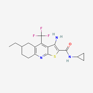 molecular formula C18H20F3N3OS B2776487 3-amino-N-cyclopropyl-6-ethyl-4-(trifluoromethyl)-5,6,7,8-tetrahydrothieno[2,3-b]quinoline-2-carboxamide CAS No. 939888-73-0