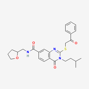 molecular formula C27H31N3O4S B2776549 3-(3-methylbutyl)-4-oxo-2-[(2-oxo-2-phenylethyl)sulfanyl]-N-[(oxolan-2-yl)methyl]-3,4-dihydroquinazoline-7-carboxamide CAS No. 1021261-68-6