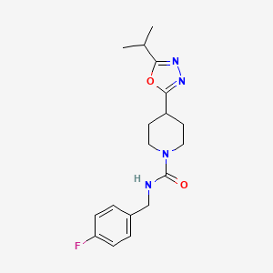molecular formula C18H23FN4O2 B2776572 N-(4-fluorobenzyl)-4-(5-isopropyl-1,3,4-oxadiazol-2-yl)piperidine-1-carboxamide CAS No. 1172742-24-3