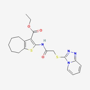 molecular formula C20H22N4O3S2 B2776649 ETHYL 2-(2-{[1,2,4]TRIAZOLO[4,3-A]PYRIDIN-3-YLSULFANYL}ACETAMIDO)-4H,5H,6H,7H,8H-CYCLOHEPTA[B]THIOPHENE-3-CARBOXYLATE CAS No. 671199-02-3