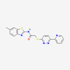 molecular formula C19H15N5OS2 B2776707 N-(6-methyl-1,3-benzothiazol-2-yl)-2-{[6-(pyridin-2-yl)pyridazin-3-yl]sulfanyl}acetamide CAS No. 894002-00-7
