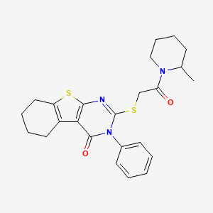molecular formula C24H27N3O2S2 B2776974 5-{[2-(2-methylpiperidin-1-yl)-2-oxoethyl]sulfanyl}-4-phenyl-8-thia-4,6-diazatricyclo[7.4.0.0^{2,7}]trideca-1(9),2(7),5-trien-3-one CAS No. 379239-40-4
