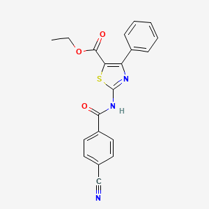 molecular formula C20H15N3O3S B2777042 Ethyl 2-[(4-cyanobenzoyl)amino]-4-phenyl-1,3-thiazole-5-carboxylate CAS No. 187475-64-5