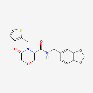 molecular formula C18H18N2O5S B2777107 N-(benzo[d][1,3]dioxol-5-ylmethyl)-5-oxo-4-(thiophen-2-ylmethyl)morpholine-3-carboxamide CAS No. 1421443-10-8