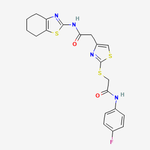 molecular formula C20H19FN4O2S3 B2777124 N-(4-fluorophenyl)-2-((4-(2-oxo-2-((4,5,6,7-tetrahydrobenzo[d]thiazol-2-yl)amino)ethyl)thiazol-2-yl)thio)acetamide CAS No. 1203212-42-3