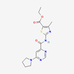 molecular formula C16H19N5O3S B2777136 Ethyl 4-methyl-2-(6-(pyrrolidin-1-yl)pyrimidine-4-carboxamido)thiazole-5-carboxylate CAS No. 2034581-64-9
