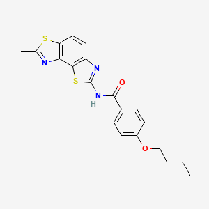 molecular formula C20H19N3O2S2 B2777170 4-butoxy-N-{11-methyl-3,10-dithia-5,12-diazatricyclo[7.3.0.0^{2,6}]dodeca-1(9),2(6),4,7,11-pentaen-4-yl}benzamide CAS No. 476642-12-3