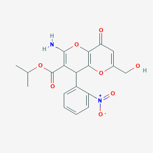 molecular formula C19H18N2O8 B2777259 methylethyl 2-amino-6-(hydroxymethyl)-4-(2-nitrophenyl)-8-oxo-4H-pyrano[3,2-b] pyran-3-carboxylate CAS No. 924845-29-4