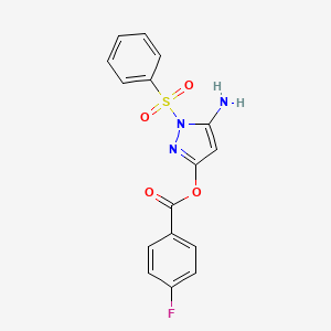 molecular formula C16H12FN3O4S B2777275 5-amino-1-(benzenesulfonyl)-1H-pyrazol-3-yl 4-fluorobenzoate CAS No. 442678-83-3