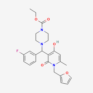 molecular formula C25H28FN3O5 B2777356 Ethyl 4-((3-fluorophenyl)(1-(furan-2-ylmethyl)-4-hydroxy-6-methyl-2-oxo-1,2-dihydropyridin-3-yl)methyl)piperazine-1-carboxylate CAS No. 897612-56-5