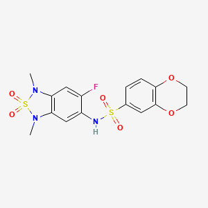 molecular formula C16H16FN3O6S2 B2777544 N-(6-fluoro-1,3-dimethyl-2,2-dioxido-1,3-dihydrobenzo[c][1,2,5]thiadiazol-5-yl)-2,3-dihydrobenzo[b][1,4]dioxine-6-sulfonamide CAS No. 2034243-00-8
