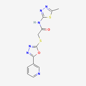 molecular formula C12H10N6O2S2 B2777682 N-(5-methyl-1,3,4-thiadiazol-2-yl)-2-{[5-(pyridin-3-yl)-1,3,4-oxadiazol-2-yl]sulfanyl}acetamide CAS No. 892020-36-9