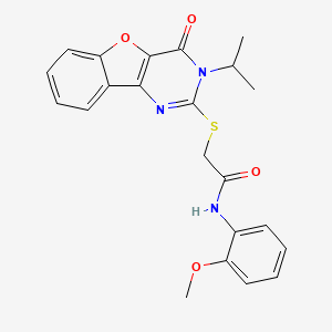 molecular formula C22H21N3O4S B2777753 N-(2-methoxyphenyl)-2-{[6-oxo-5-(propan-2-yl)-8-oxa-3,5-diazatricyclo[7.4.0.0^{2,7}]trideca-1(9),2(7),3,10,12-pentaen-4-yl]sulfanyl}acetamide CAS No. 866873-90-7
