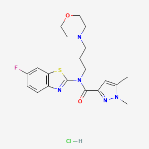 molecular formula C20H25ClFN5O2S B2777822 N-(6-fluoro-1,3-benzothiazol-2-yl)-1,5-dimethyl-N-[3-(morpholin-4-yl)propyl]-1H-pyrazole-3-carboxamide hydrochloride CAS No. 1216587-26-6